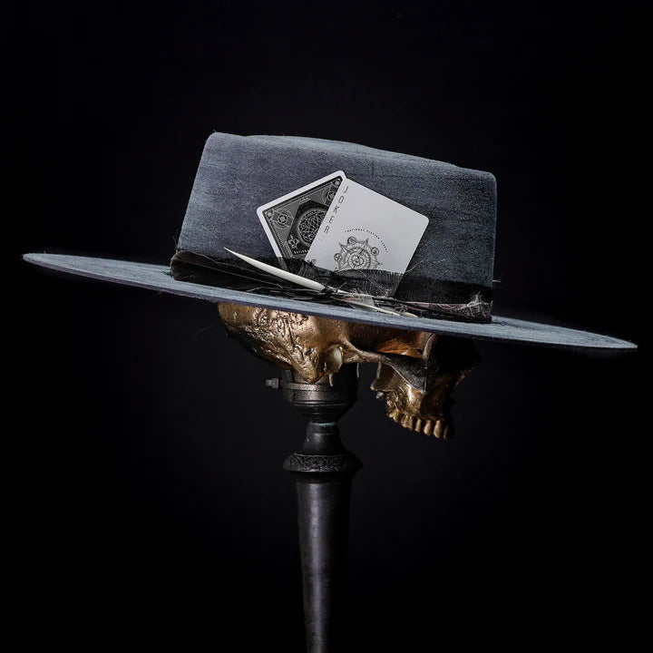 Distressed Fedora with Black Poker Card Insert Featuring Ace of Spades  Adorned with Gold Text and Design