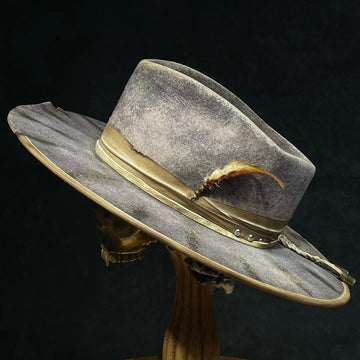 Distressed Fedora With Light Lemon Yellow Feather And Rope