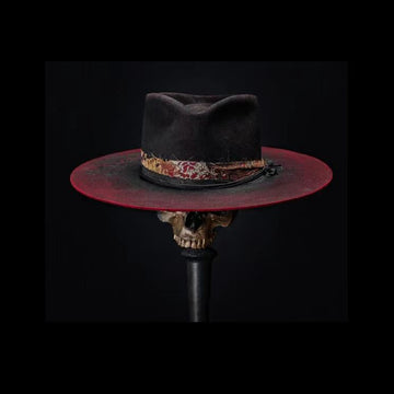 Distressed Fedora with Red and White Patterned Band