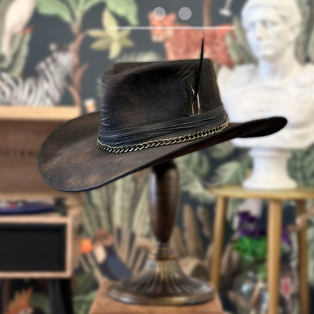 Midnight Maverick Fedora with Leather Curved Brim Conical Crown and Chain Strap
