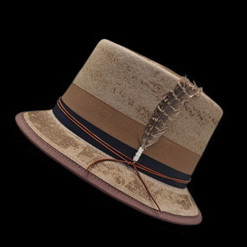 Distressed Fedora Beige with Feather and Red Rope