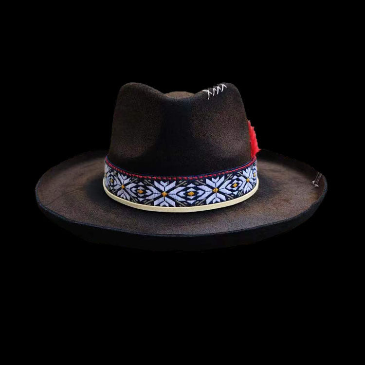 Distressed Fedora with Red Feather-adorned Floral-patterned Band XXX Patchwork