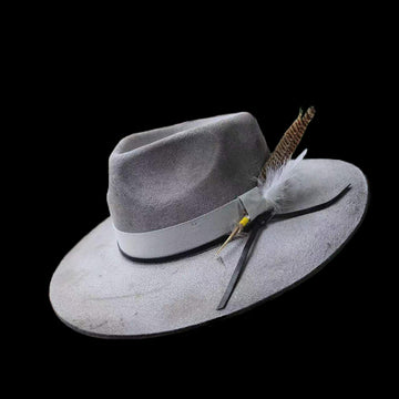 Distressed Fedora with Smoke Grey White Ribbon and Feather