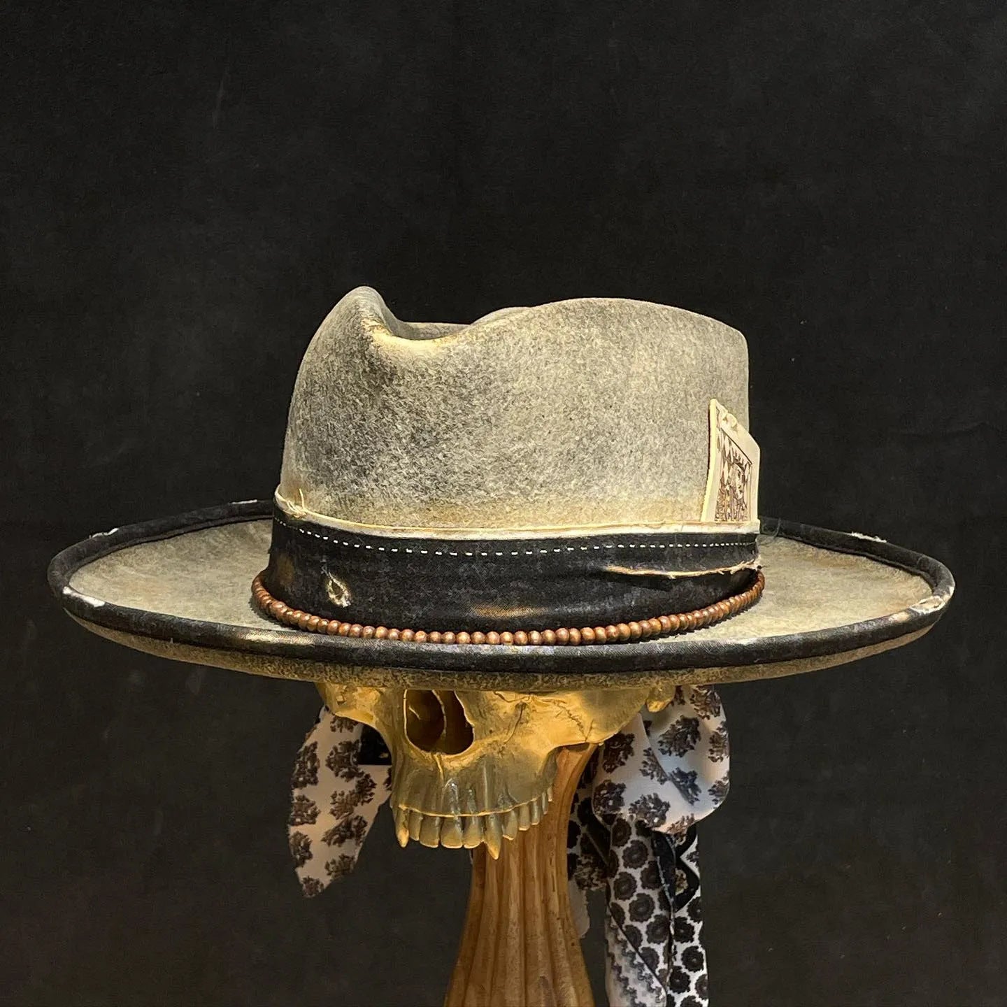 Distressed Fedora with Unique Grey Edge Design Incorporating Black and Brown Stripes White Poker Tag on Top