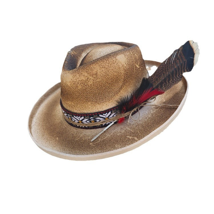 Distressed Fedora with Feather Wide Band with Various Colors