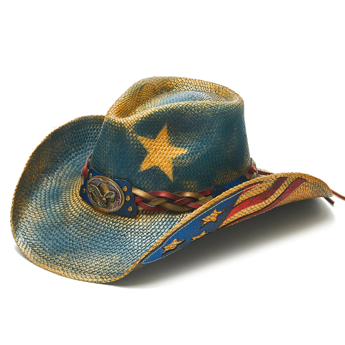 Distressed Look Straw Cowboy Hat with Flag Print