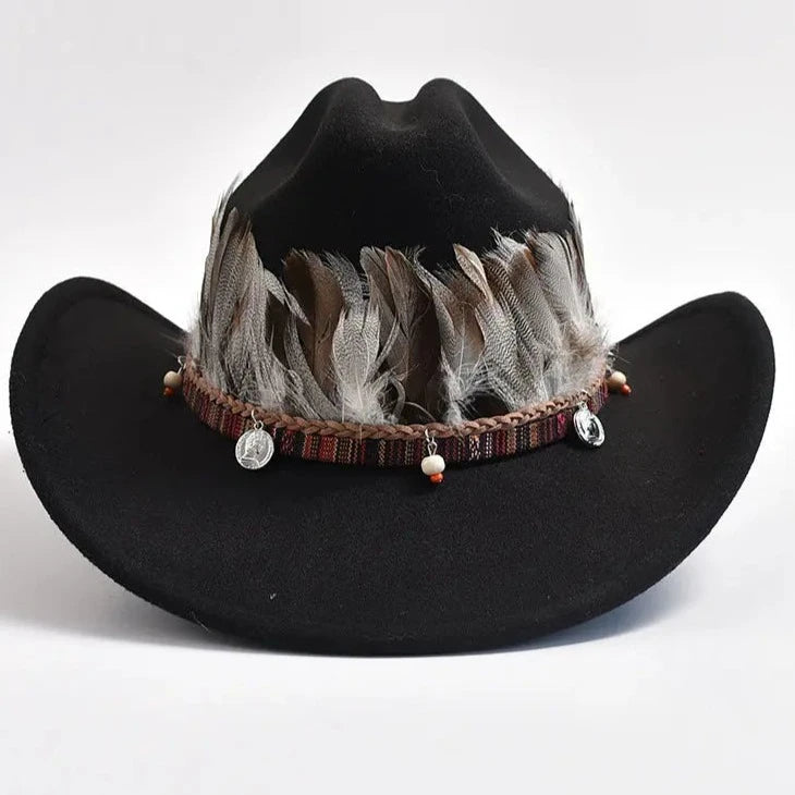Vintage Feather Decor Cowboy Hat Stylish Wide Brim for Men & Women